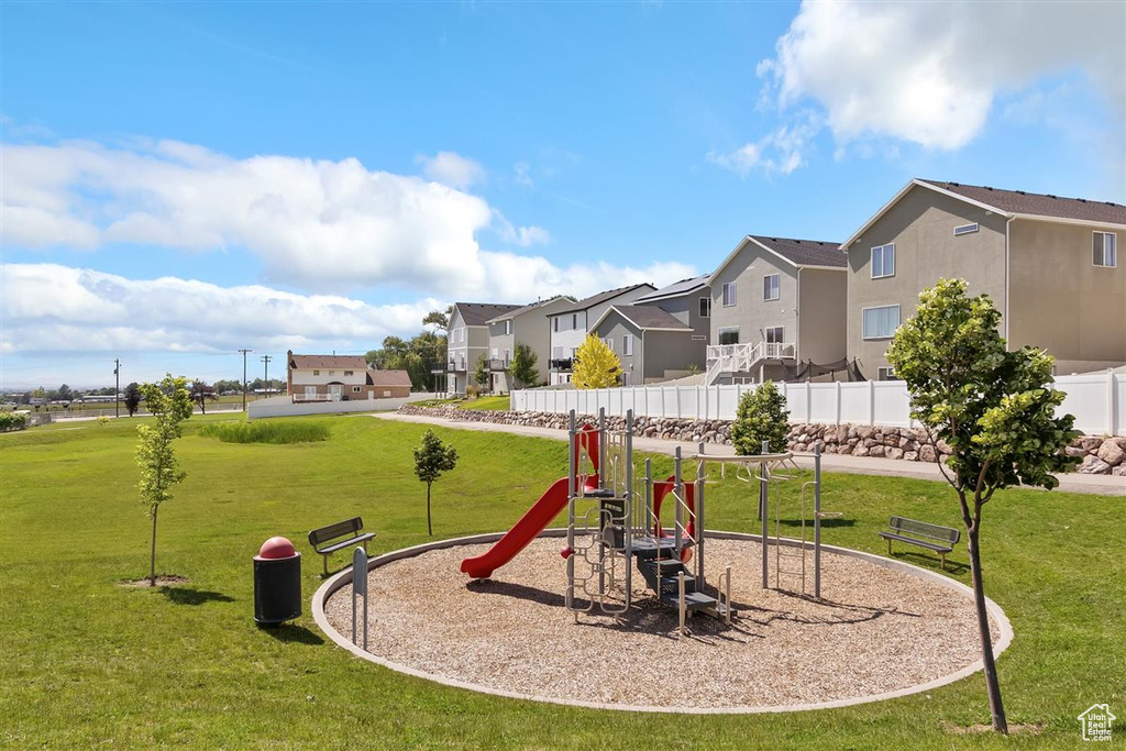Community playground with a residential view