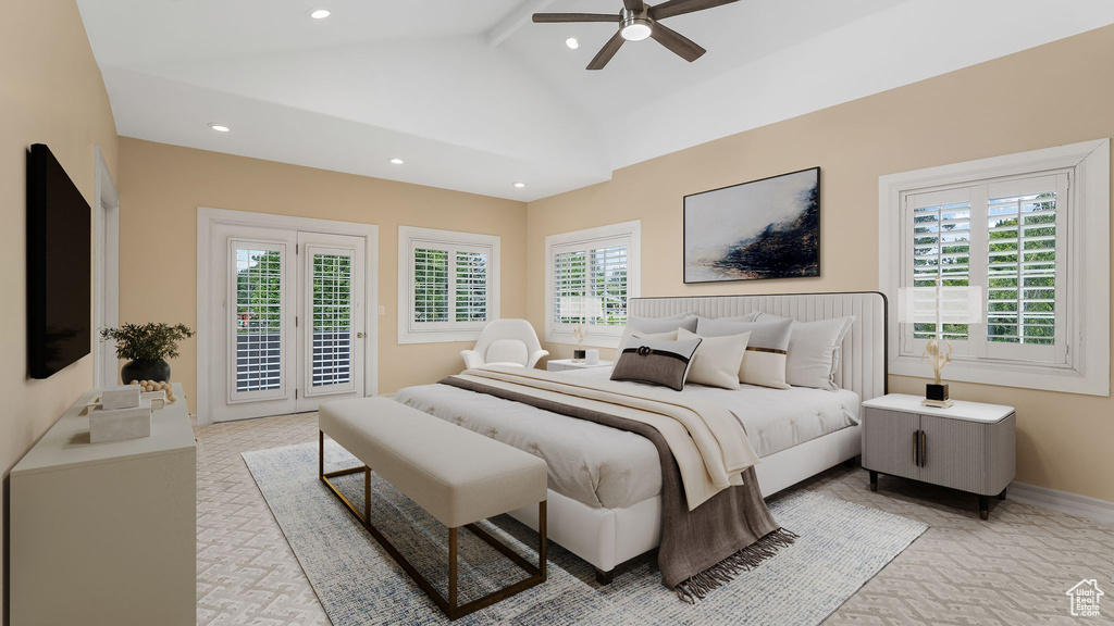 Bedroom featuring access to exterior, recessed lighting, and ceiling fan