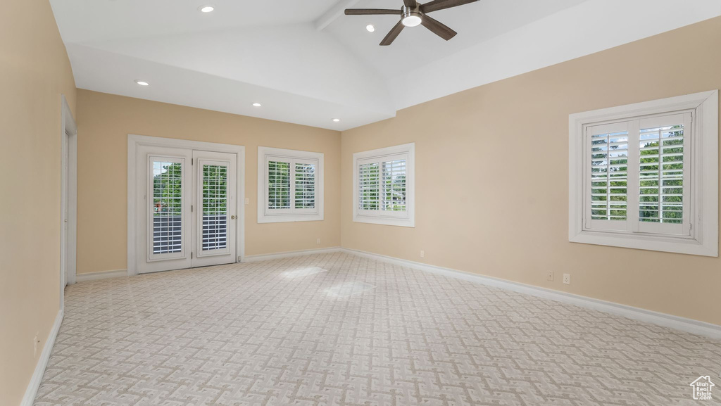 Spare room with carpet flooring, a ceiling fan, and recessed lighting