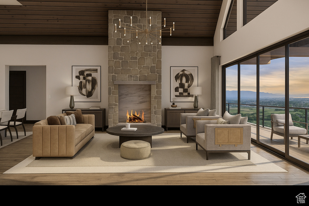 Living area with wood finished floors, a stone fireplace, a chandelier, wooden ceiling, and a towering ceiling