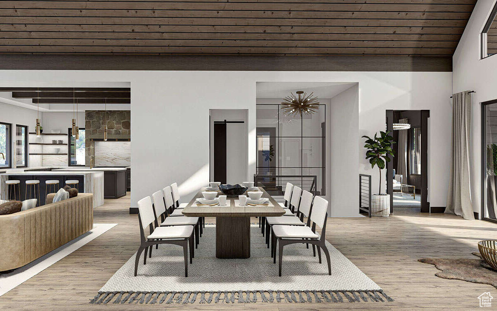 Dining space featuring wood finished floors and wooden ceiling