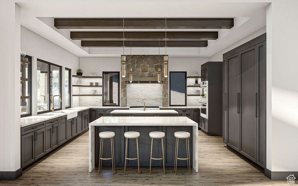 Kitchen with open shelves, a center island, decorative backsplash, light wood-style flooring, and beamed ceiling
