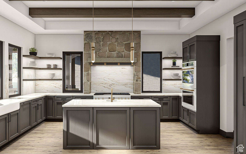 Kitchen with open shelves, double wall oven, light wood finished floors, tasteful backsplash, and beam ceiling