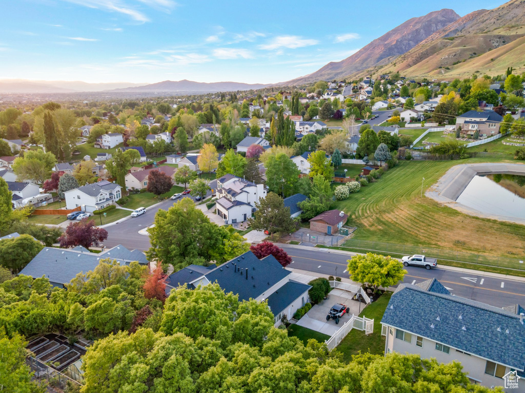 Aerial view of residential area with mountains