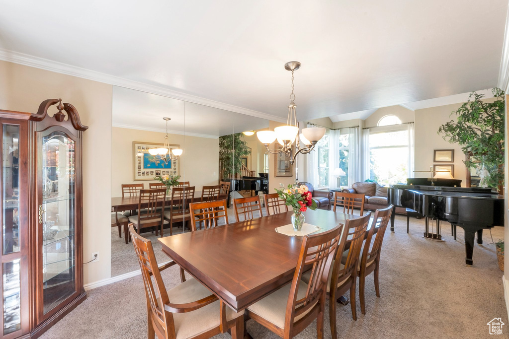 Dining room featuring a chandelier, light carpet, and crown molding