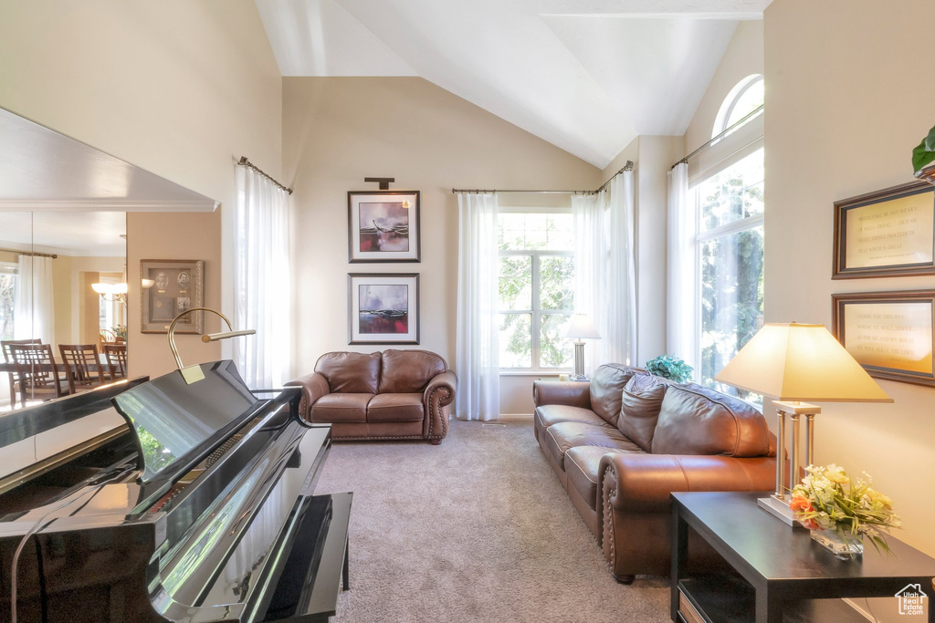Living area featuring carpet flooring and vaulted ceiling