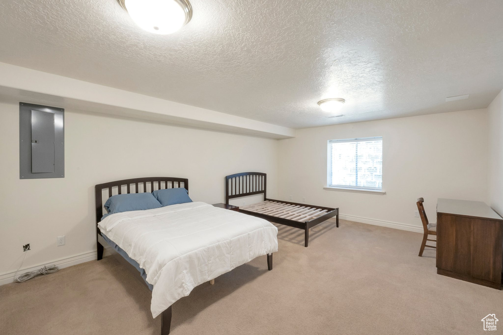 Bedroom with electric panel, a textured ceiling, and light carpet