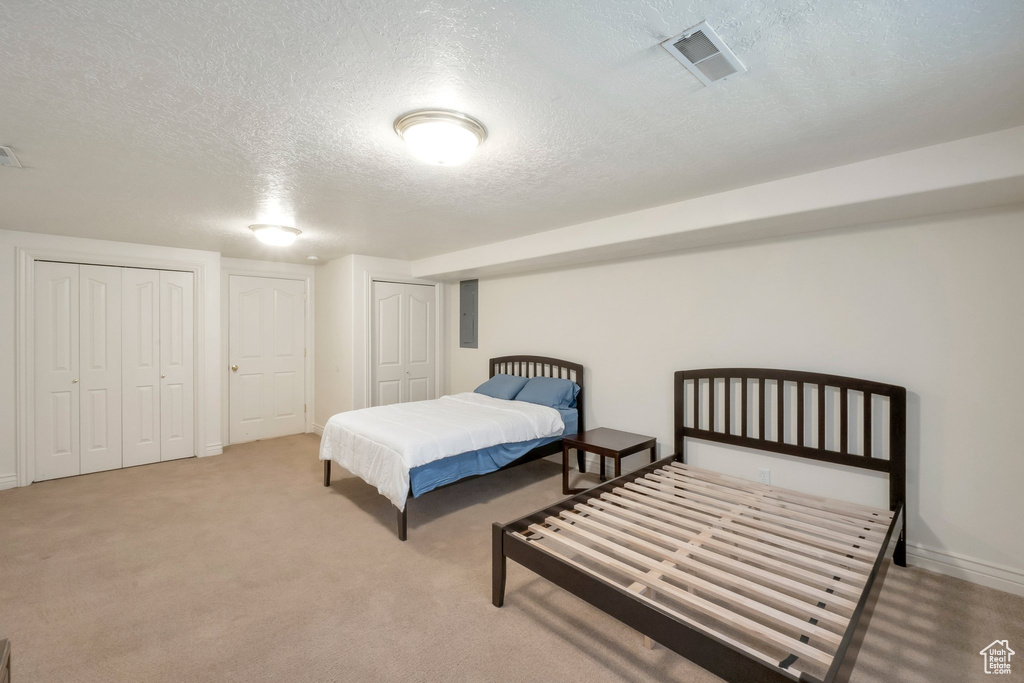 Bedroom featuring two closets, a textured ceiling, carpet floors, and electric panel