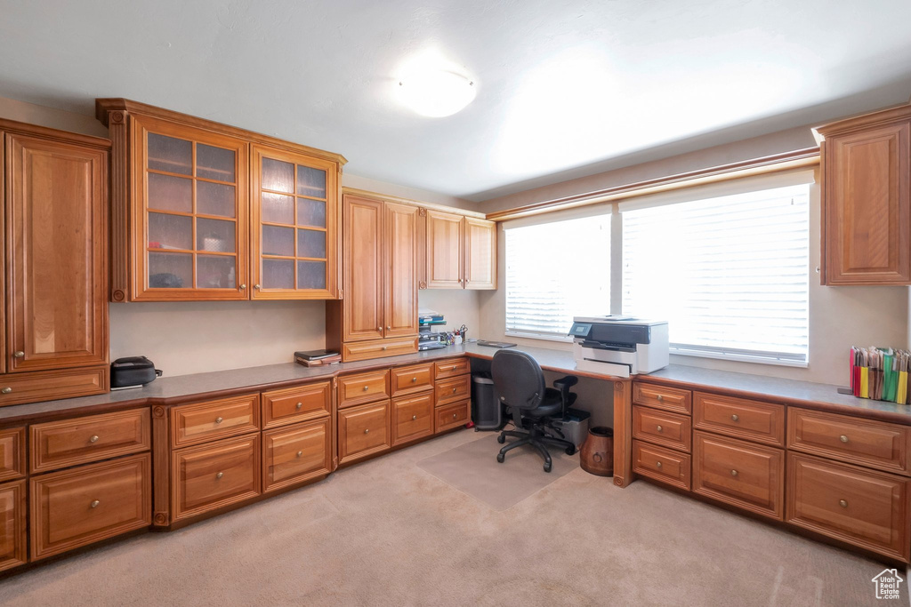 Office area with built in study area and light carpet
