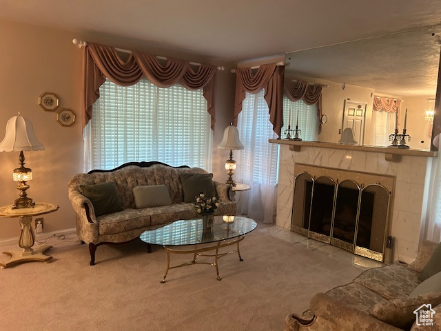Living room featuring carpet floors and a fireplace