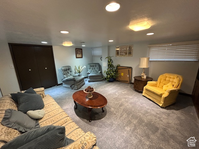 Living area with carpet flooring and recessed lighting