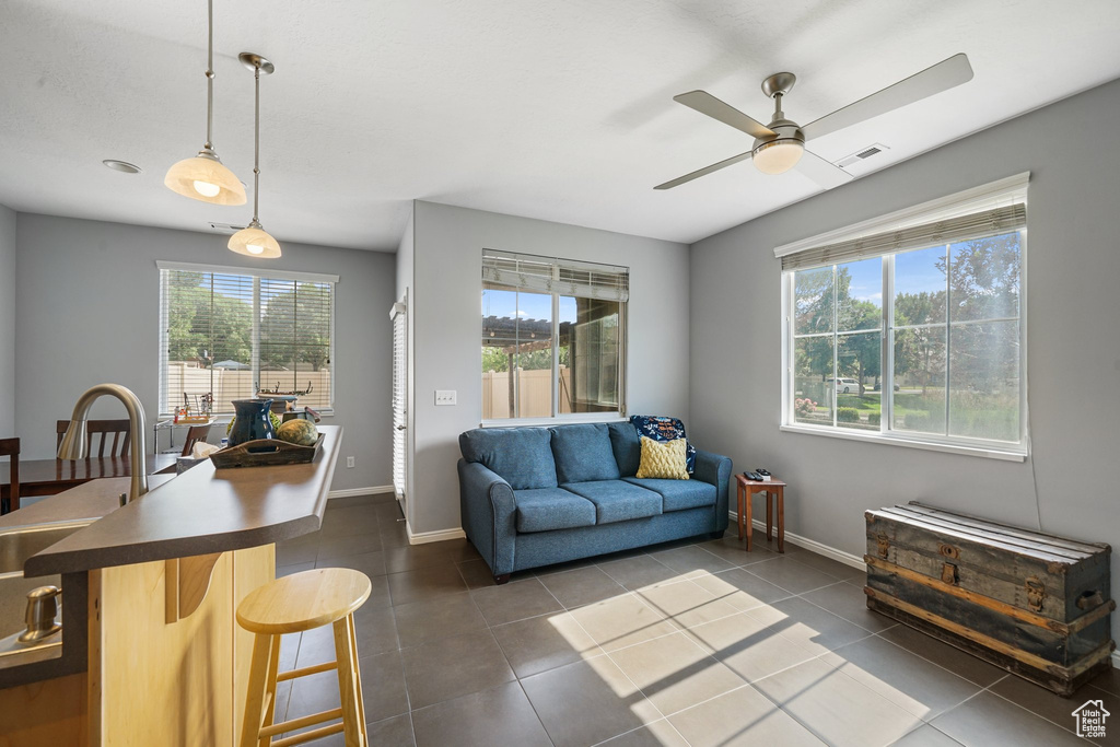 Living room with healthy amount of natural light, a ceiling fan, and dark tile patterned floors
