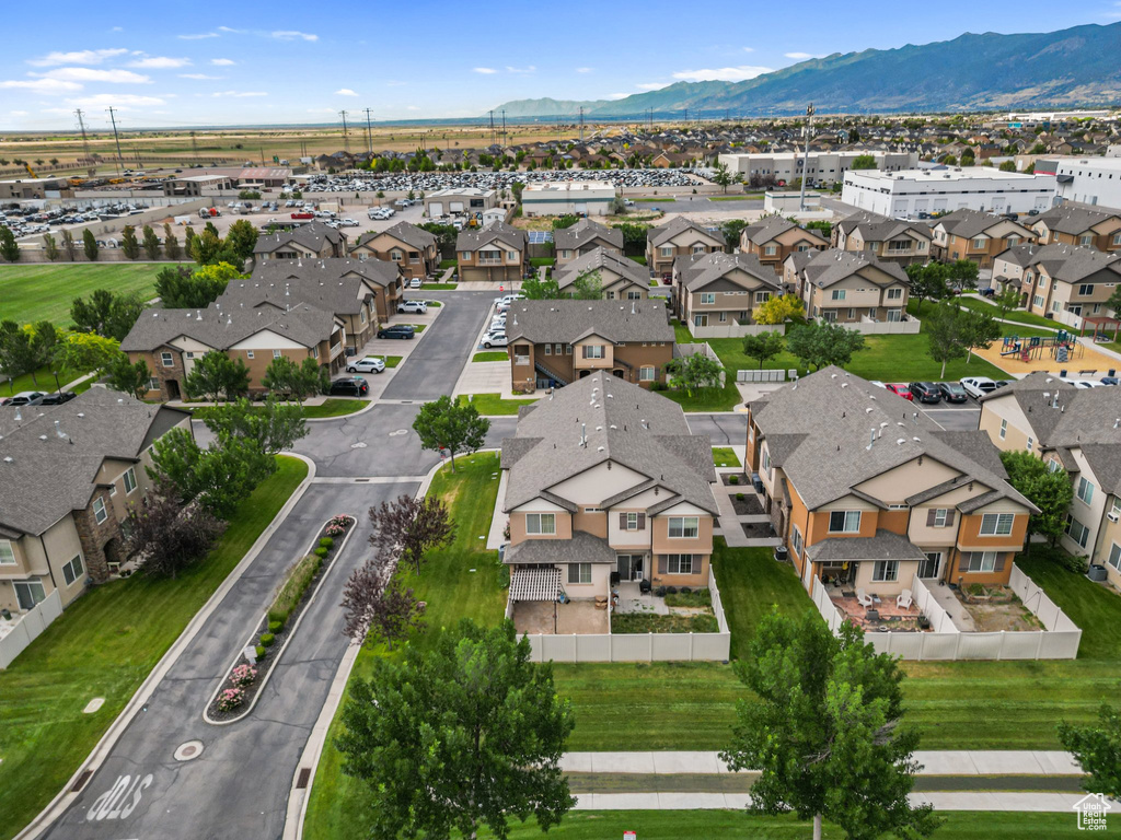 Aerial perspective of suburban area with mountains