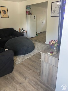 Living area with light wood-style floors