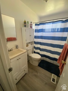 Full bath featuring wood finished floors, vanity, and a shower with shower curtain