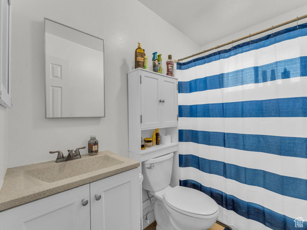 Full bathroom with vanity and a shower with curtain