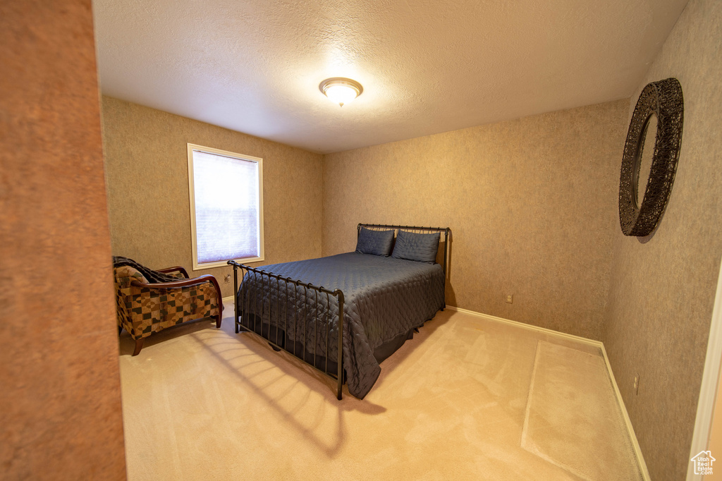 Carpeted bedroom with a textured ceiling and baseboards