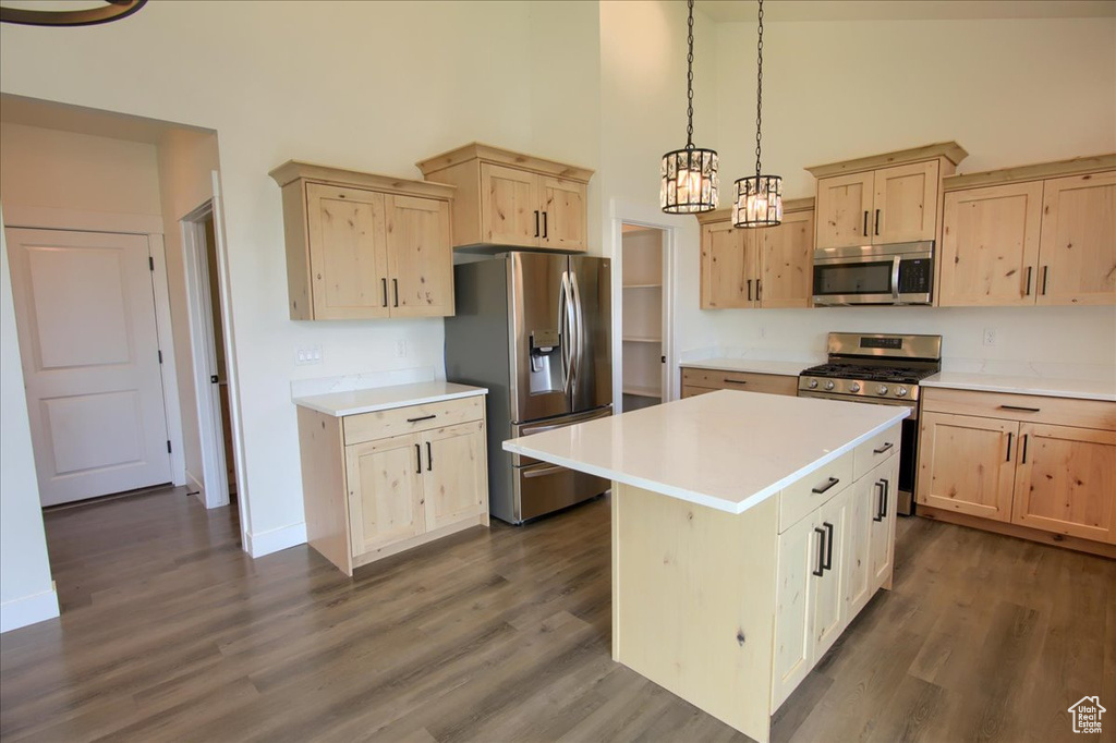 Kitchen featuring appliances with stainless steel finishes, light brown cabinets, a towering ceiling, and dark wood-type flooring