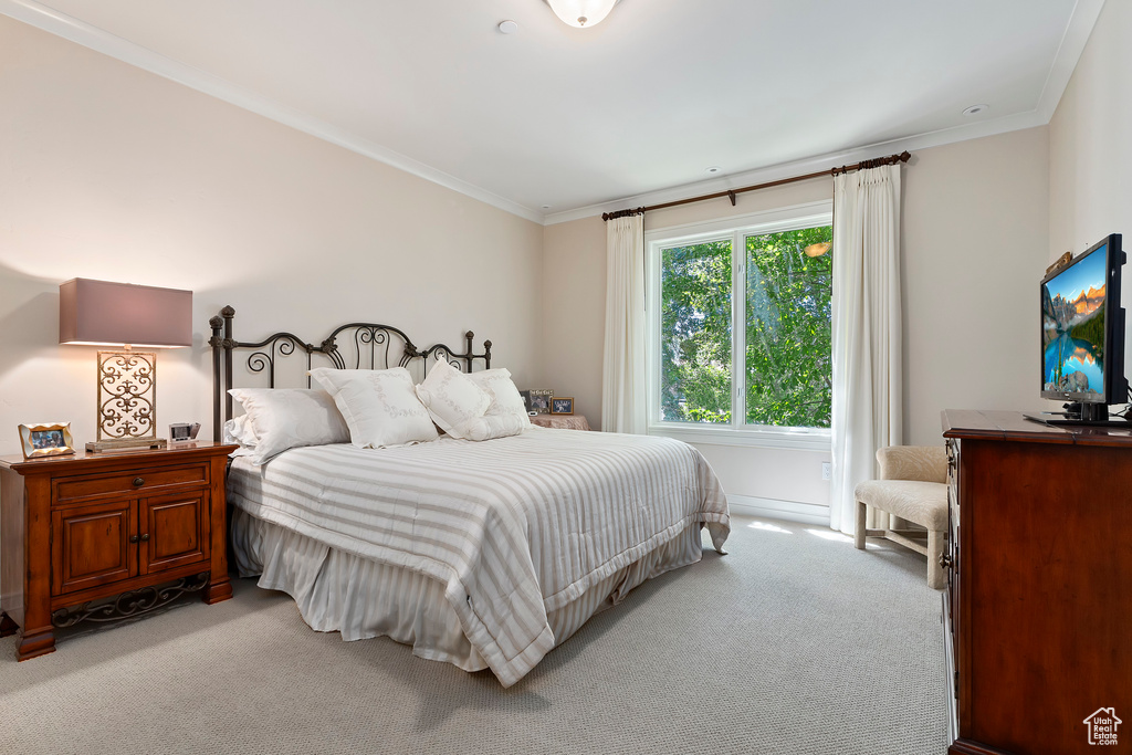 Bedroom featuring light carpet and ornamental molding