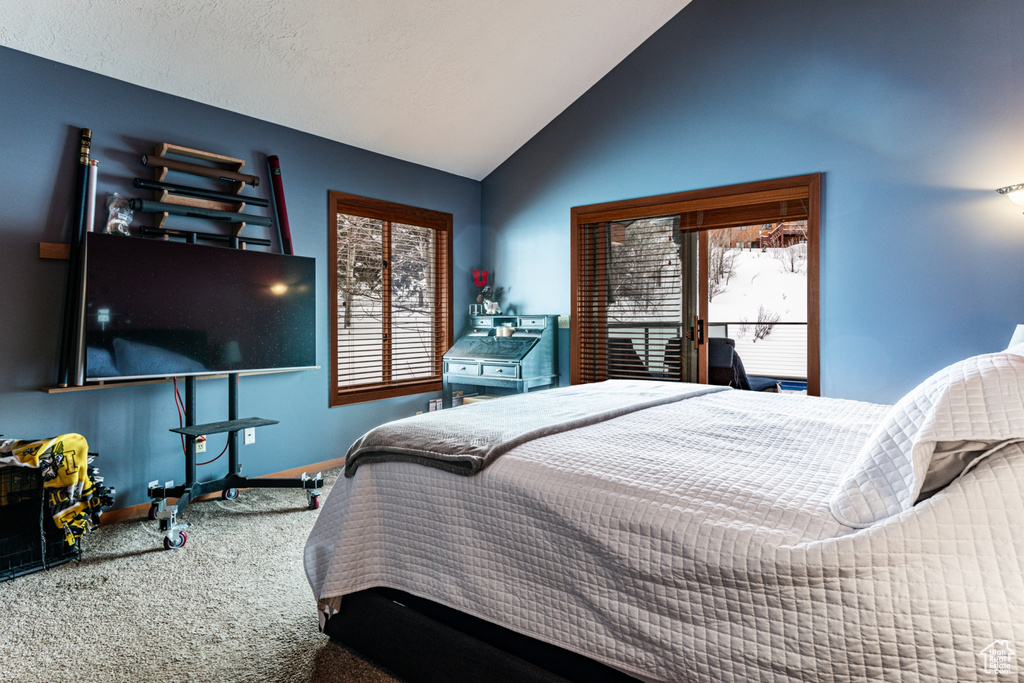 Bedroom with carpet flooring, vaulted ceiling, and multiple windows