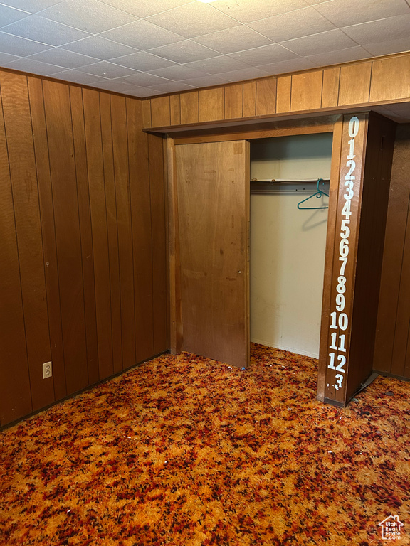 Unfurnished bedroom featuring wood walls, carpet flooring, and a closet