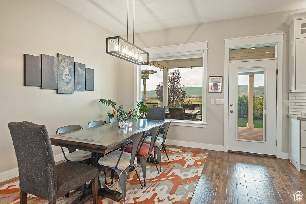 Dining area featuring wood-type flooring and baseboards