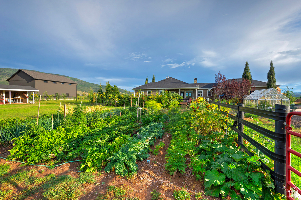 View of yard featuring a garden and an exterior structure
