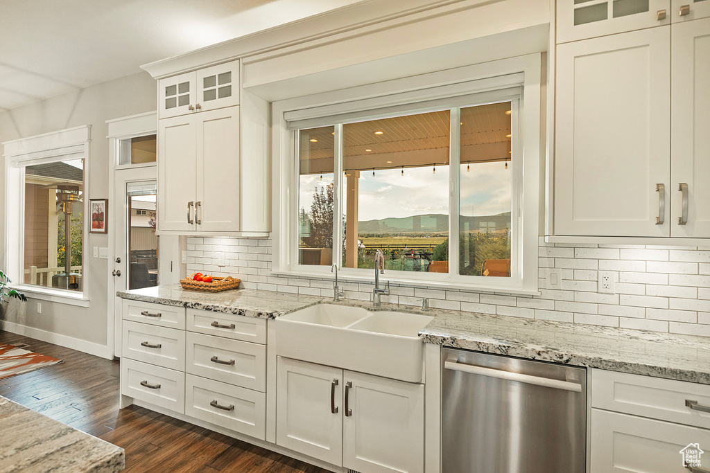 Kitchen featuring stainless steel dishwasher, a sink, decorative backsplash, baseboards, and dark wood-type flooring