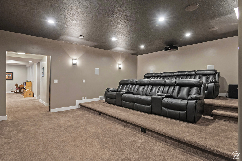 Home theater featuring carpet floors, baseboards, and recessed lighting