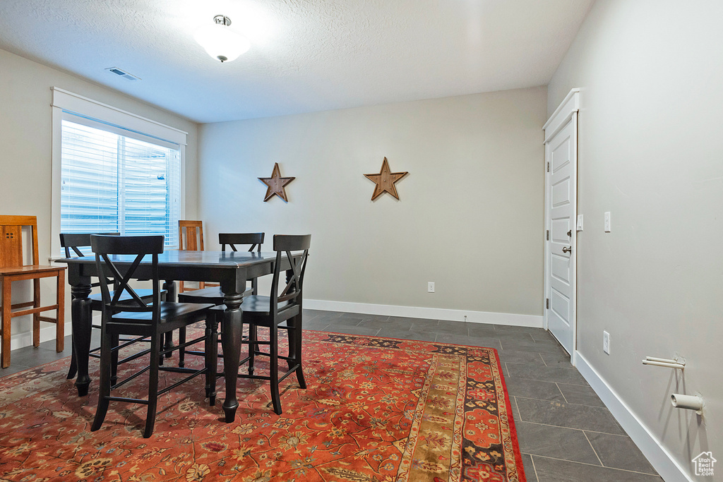 Dining space with baseboards, a textured ceiling, and dark tile patterned floors