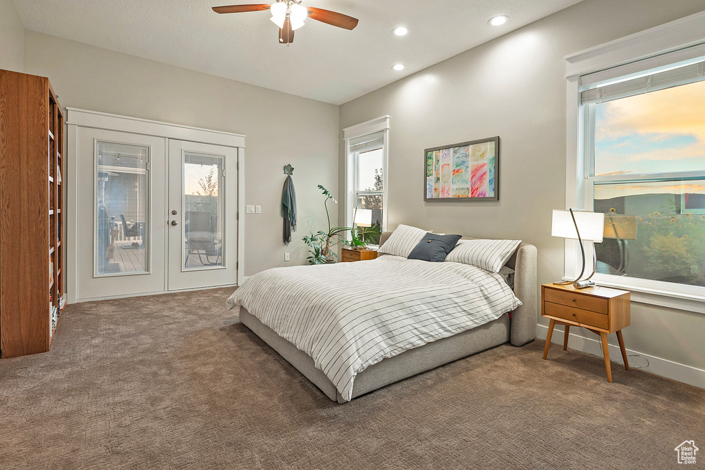Carpeted bedroom featuring french doors, access to outside, recessed lighting, ceiling fan, and baseboards