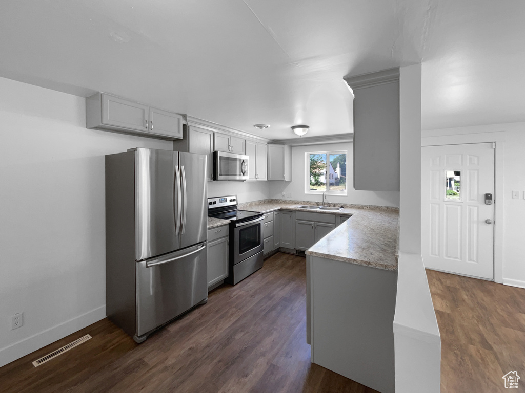 Kitchen featuring appliances with stainless steel finishes, gray cabinetry, light countertops, and dark wood finished floors