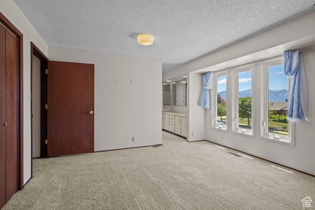 Unfurnished bedroom featuring a textured ceiling, light colored carpet, and a mountain view