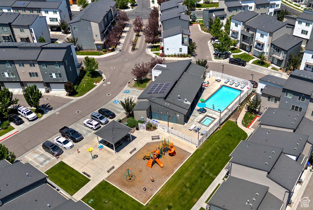 Aerial view of residential area with a pool area