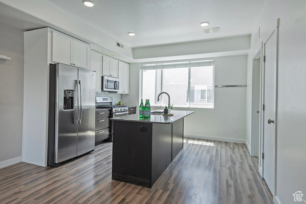 Kitchen with stainless steel appliances, wood finished floors, white cabinetry, an island with sink, and recessed lighting