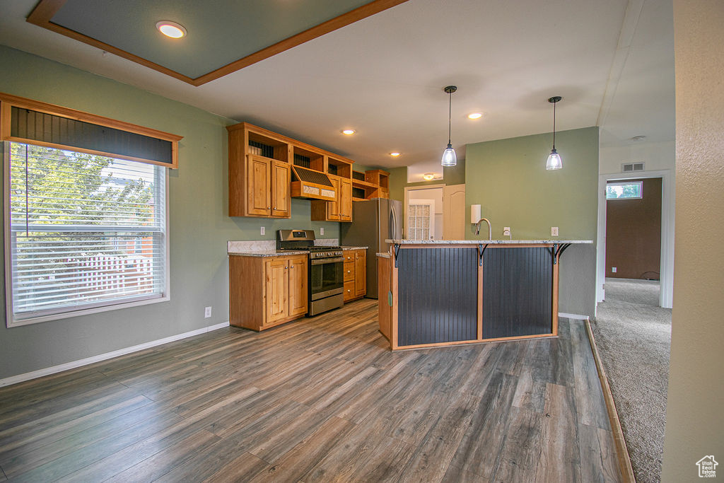 Kitchen featuring appliances with stainless steel finishes, custom exhaust hood, open shelves, dark wood finished floors, and recessed lighting