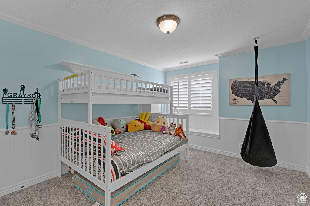 Bedroom featuring a wainscoted wall, ornamental molding, and carpet floors