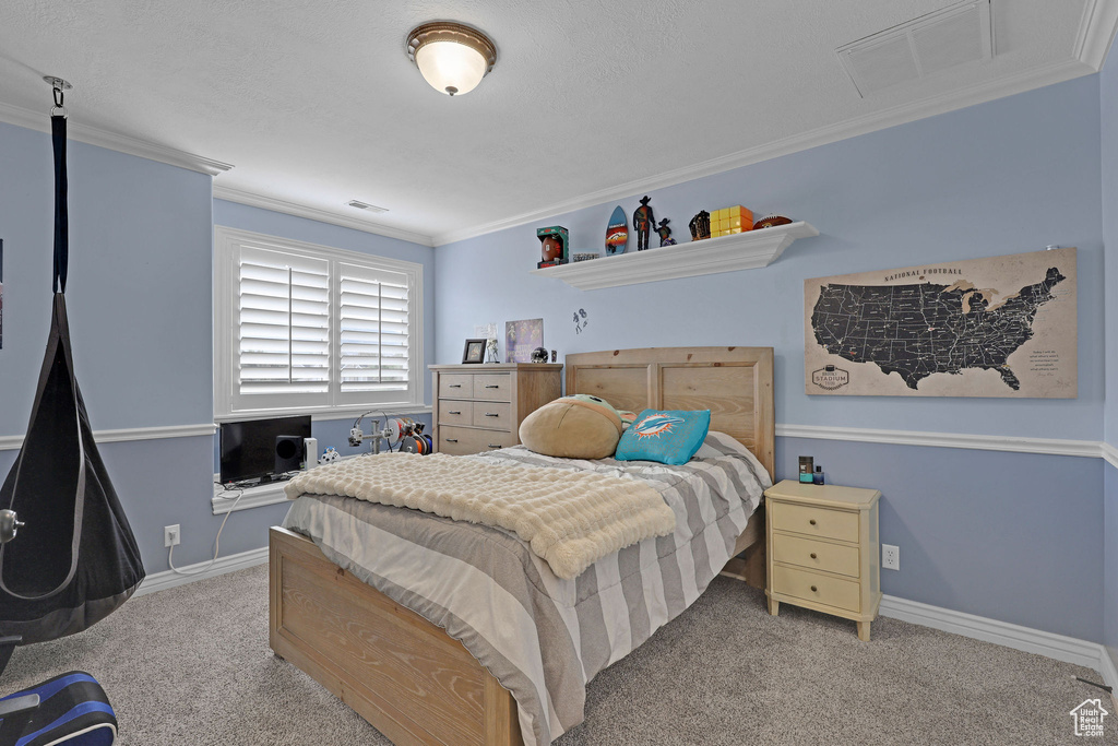 Carpeted bedroom featuring crown molding and baseboards