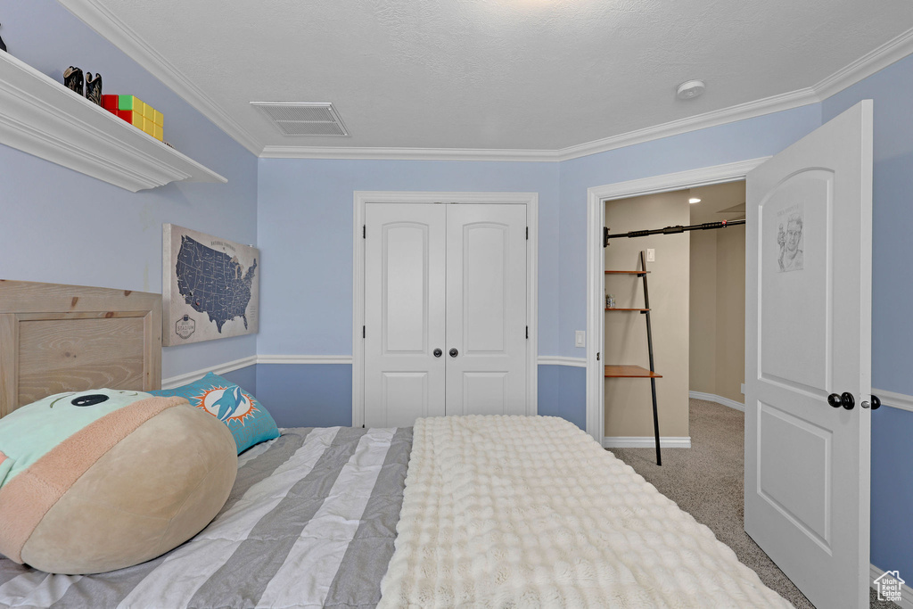 Bedroom with a closet, carpet floors, and crown molding