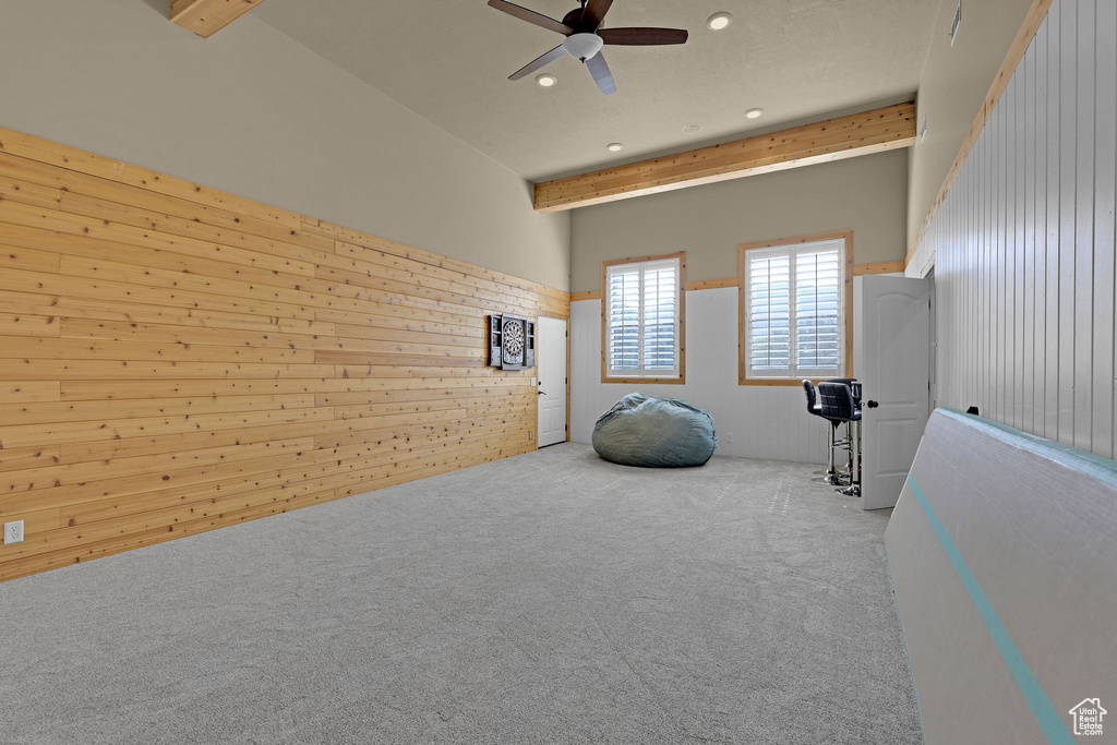 Exercise area featuring a ceiling fan, carpet flooring, and recessed lighting