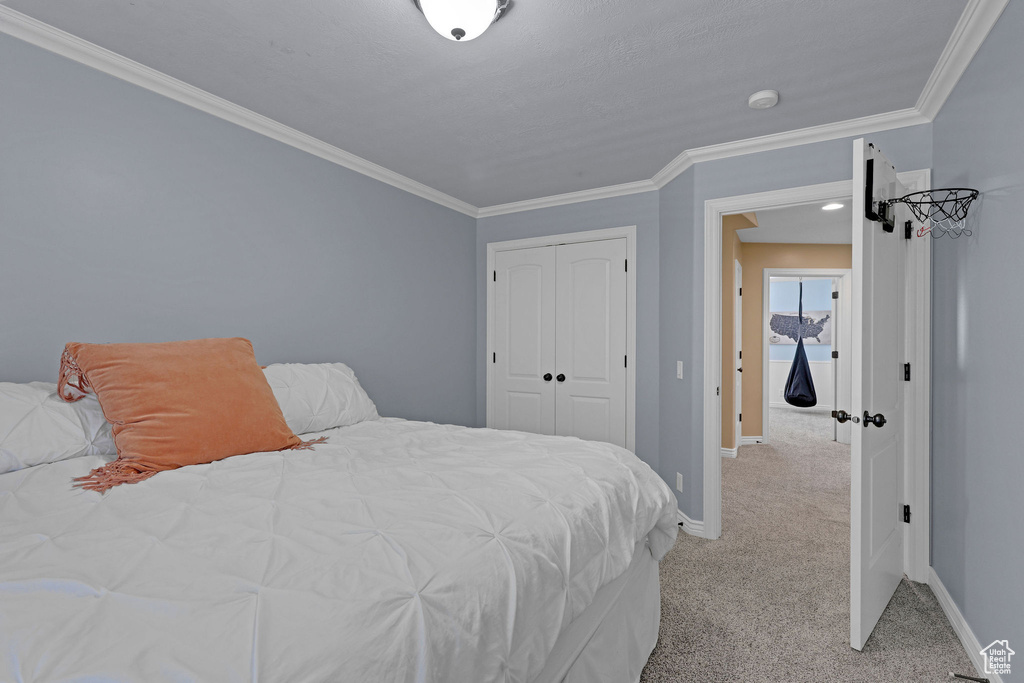 Bedroom featuring ornamental molding, light carpet, and a closet