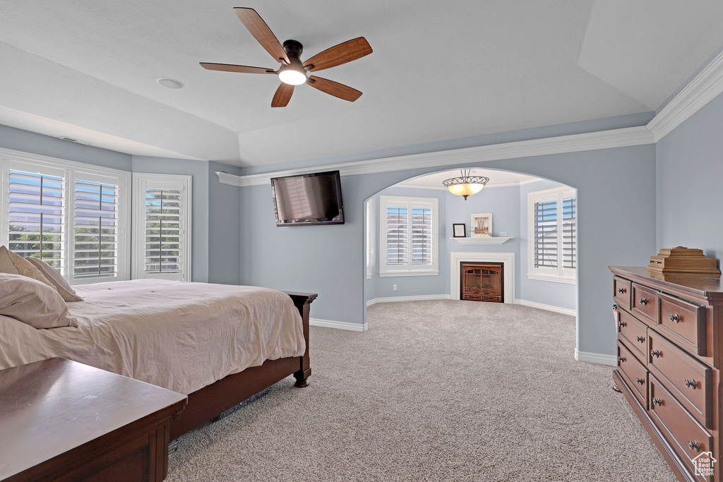 Bedroom featuring a tray ceiling, light colored carpet, a fireplace, arched walkways, and a ceiling fan
