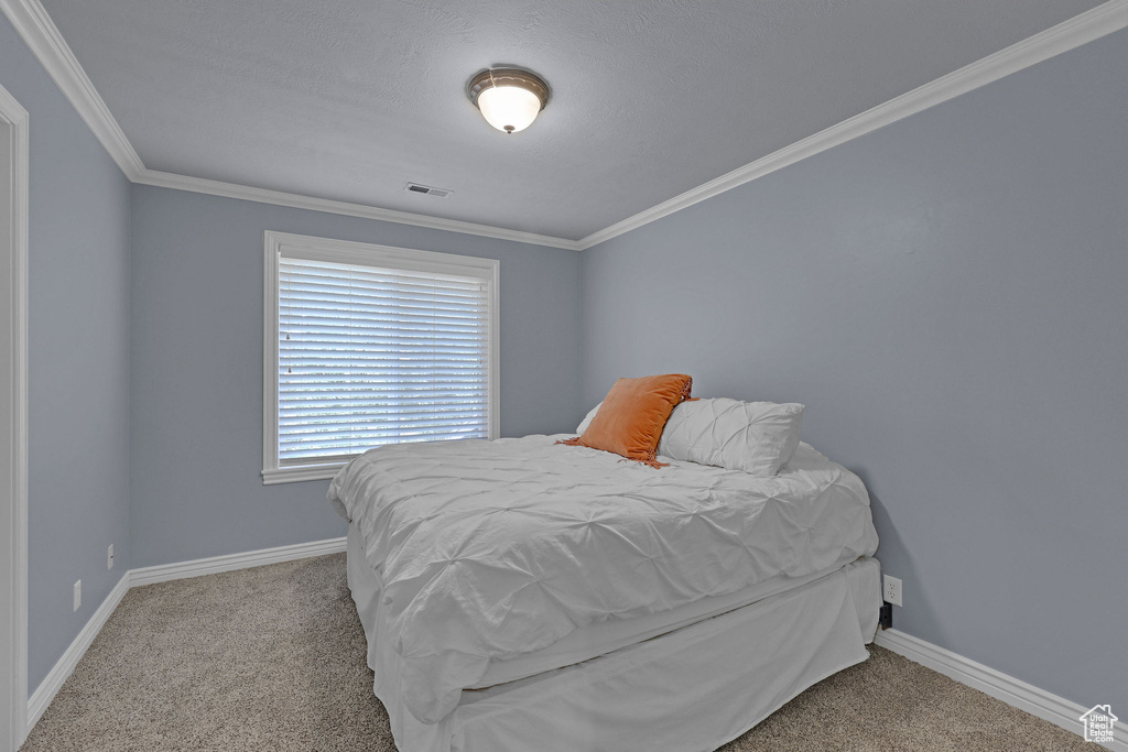 Carpeted bedroom with crown molding