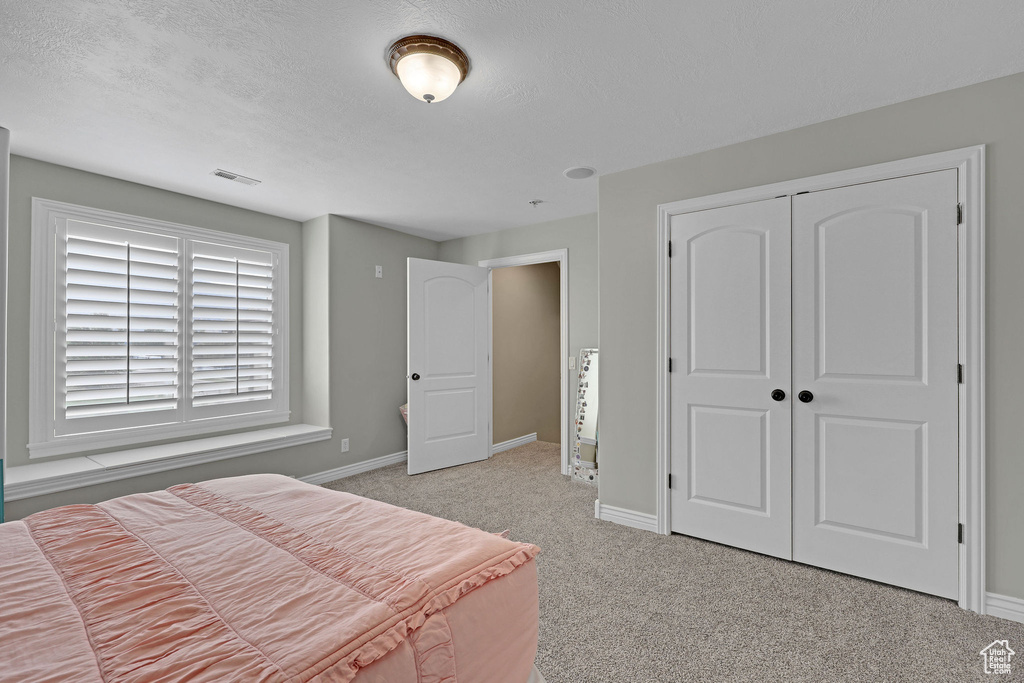 Carpeted bedroom with baseboards and a closet