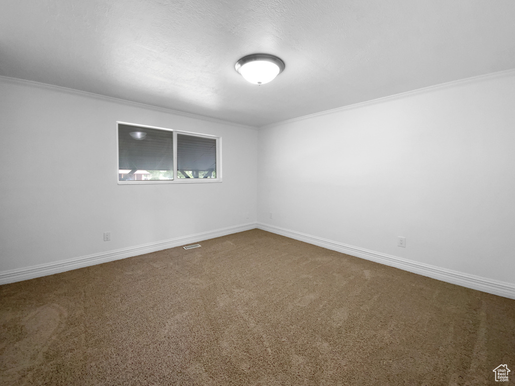 Carpeted empty room featuring ornamental molding and baseboards