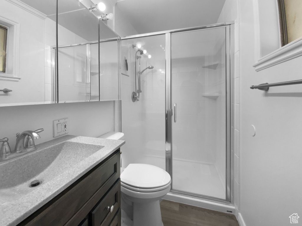 Full bathroom with vanity, a stall shower, and wood finished floors