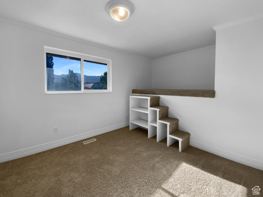 Unfurnished bedroom featuring crown molding and carpet