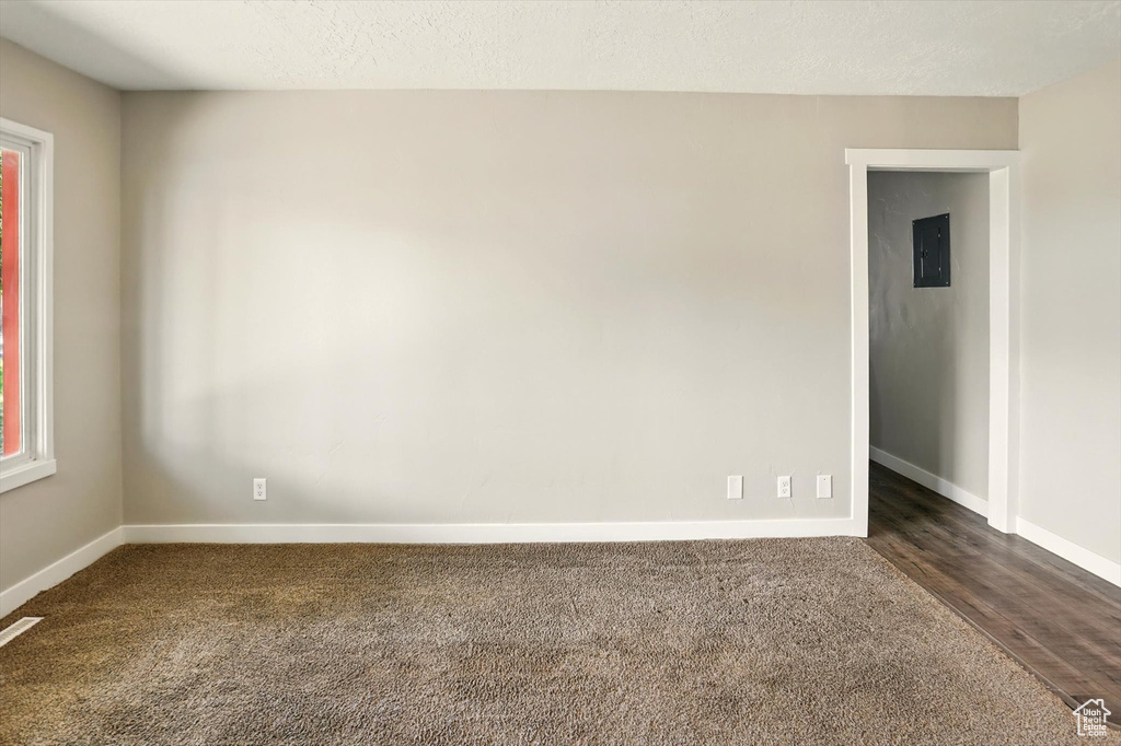 Unfurnished room with electric panel, dark carpet, and healthy amount of natural light