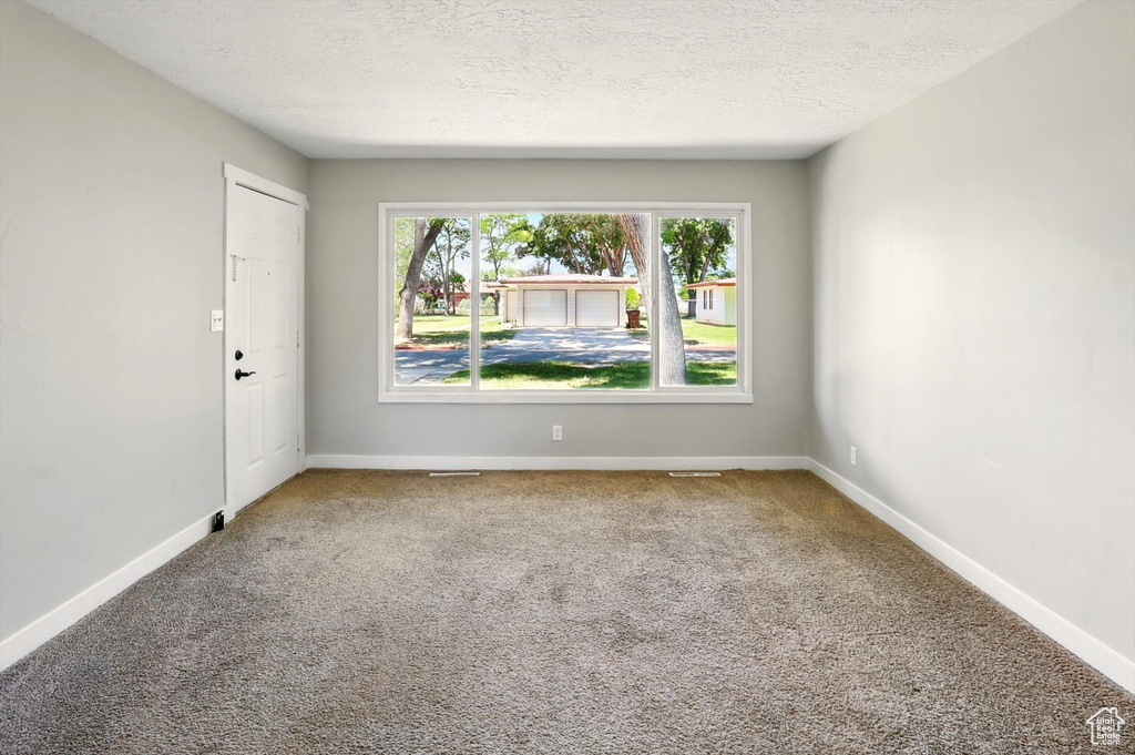 Empty room with carpet and a textured ceiling