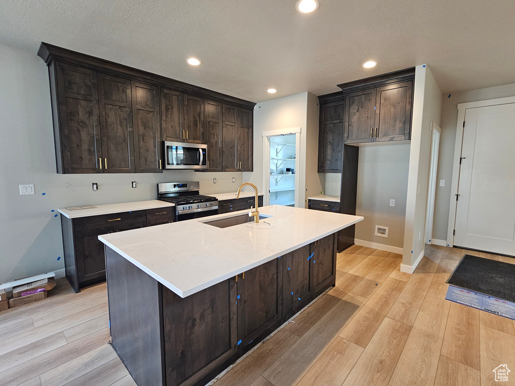 Kitchen with appliances with stainless steel finishes, light wood-type flooring, dark brown cabinetry, and recessed lighting